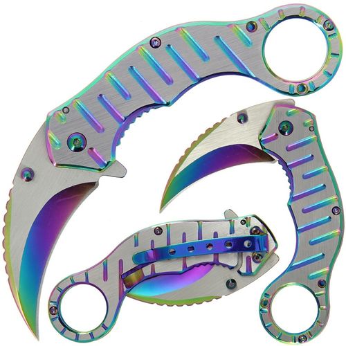 Rainbow themed stainless steel Karambit lock knife